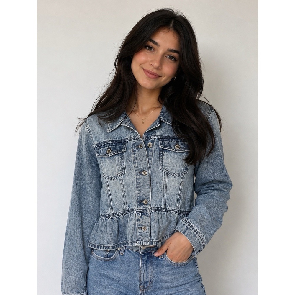 KanCan Los Angeles Peplum Denim Jacket Large Marilou Lt Wash Modern Vintage Boho